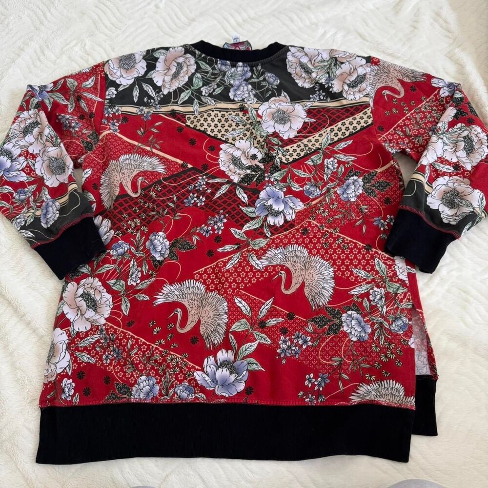 Johnny Was Red Crane High Low Cotton Crewneck Size M - Picture 5 of 5